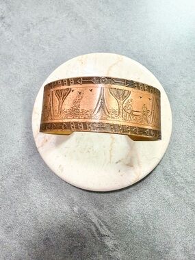 Vintage Story Teller Etched Copper Cuff Stacking Bracelet with Tribal Scene